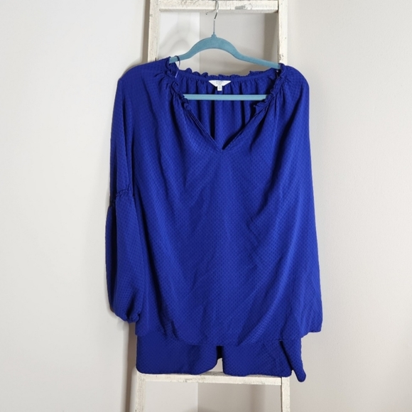 Crown & Ivy top womens 3X Royal Blue textured ruffle sleeve v-neck long sleeve - Picture 1 of 5